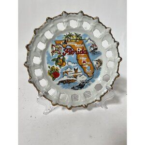 Vintage Florida Souvenir Decorative Plate With Eyelet Border & Gold Trim